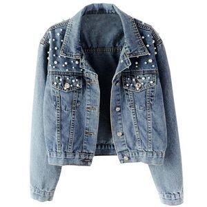 Women's Blue Jean Jacket with Pearl Accents